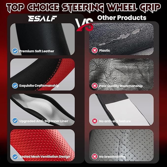 Soft Leather Steering Wheel Cover with Breathable Design and Anti-Slip Grip, Specially Designed for 14.5-15.2 inch Circular Steering Wheels