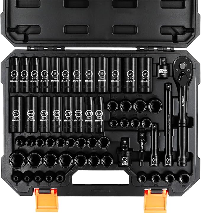BOEN 67 Piece Socket & Adapter Set, Including 59 Pieces Metric & SAE 3/8" Drive Impact Socket Set, 8 Pieces 1/4" 3/8" 1/2" 3/4" Drive Socket Adapter Set with Durable Case