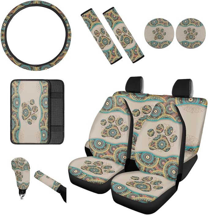 BIGCARJOB 12 Pack Boho Style Car Seat Cover Full Set,Hippie Paw Print Steering Wheel Covers,Universal Seat Belt Pads,Armrest Cover,Cup Holder,Woman Girly Car Interior Accessories Set