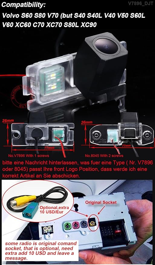 Super HD Vehicle Backup License Plate Cameras Car Rear View Back up Camera compatiable for Volvo S80L /S40L/S80/S40/S60/V60/XC90/XC60/C70/S60L Waterproof HD (Model A= Clip+Screw Connector)