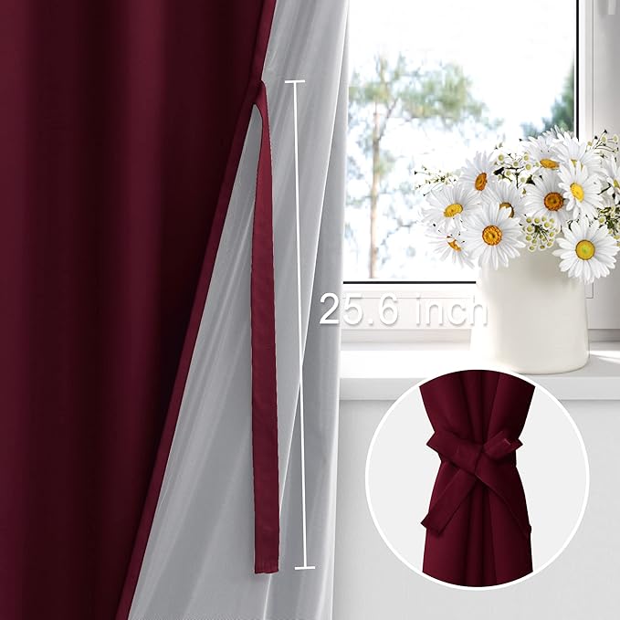 XWZO 100% Blackout Curtain Panels - Thermal Insulated Black Liner Curtains, Noise Reducing and Heat Blocking Drapes for Hall and Studio Windows with Tiebacks, Burgundy, W38 x L72, Set of 2