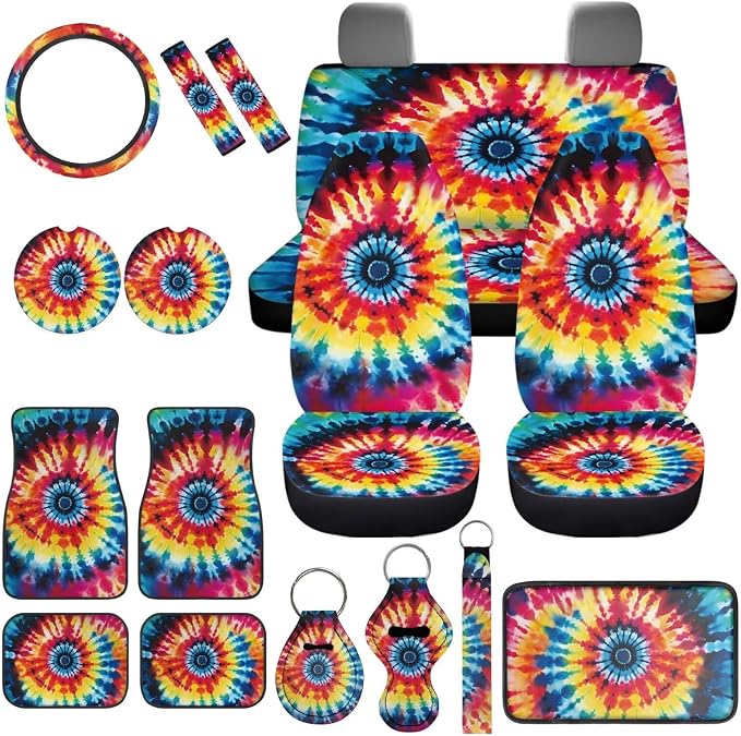 17Pcs Tie Dye Car Seat Covers Full Set with Front and Split Rear Bench,Steering Wheel Cover,Heavy Duty Floor Mats Colorful Tie Dye Car Accessories for Women Universal Fitf or Most Car SUV