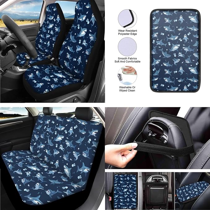 Cartoon Mini Shark 13 Pcs Seat Covers Full Set Front and Back Seat Covers Steering Wheel Cover Seatbelt Strap Cover Cup Mat Keychains(Navy Blue)