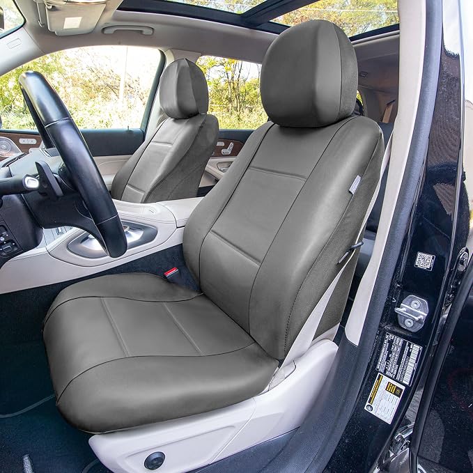 FH Group Car Seat Cover Airbag Compatible Full Set Gray Premium PU Leather - Split Bench Combo Vinyl Floor Mats Seat Covers Interior Accessories Universal Fit for Cars Trucks SUV