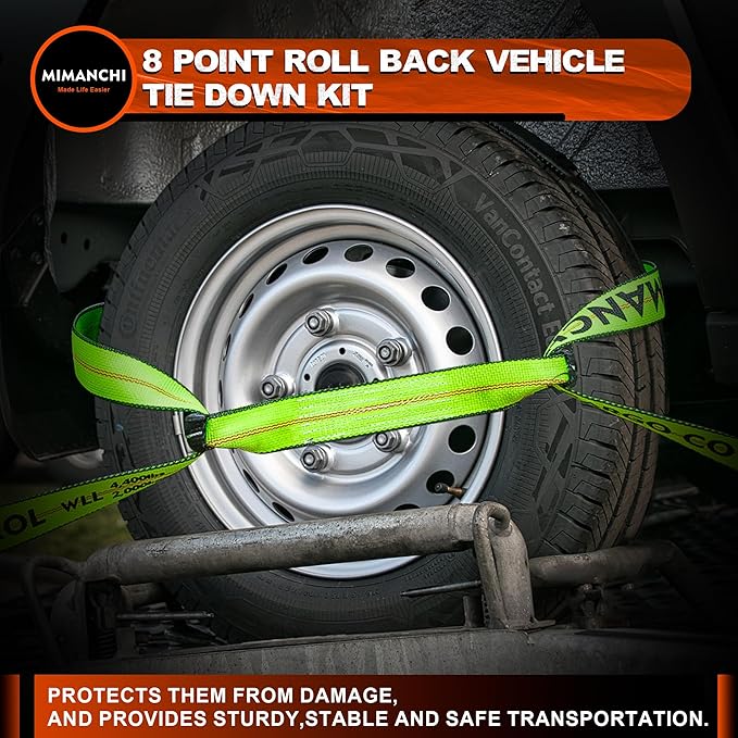 8 Point Roll Back Vehicle Tie Down Kit,with Heavy-Duty Chain Extension on Both Ends,2" x 16',and Ratchet Handle - Tow Strap Kit for Vehicles and Cars Tie Down Straps Tow System