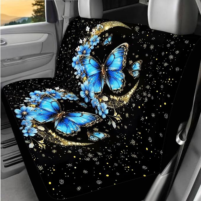 BIGCARJOB Butterfly Car Seat Cover Full Set,15 Pcs Moon Butterfly Auto Interior Accessories Set with Car Seat Head Rest Protective Cover,Auto Garbage Bag,Cup Mats,Seat Belt Pads