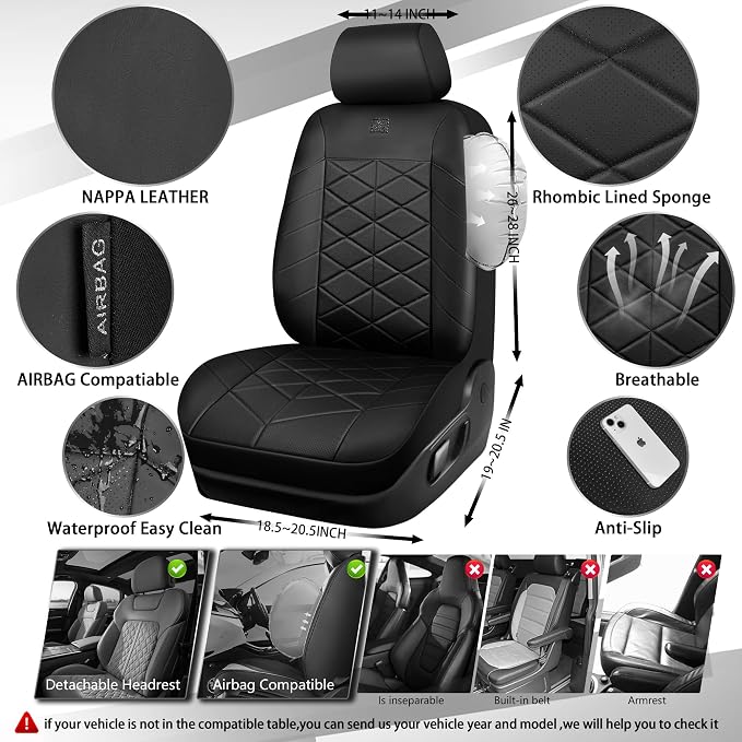 CAR PASS Memory Foam Leather Front Seat Covers, Perforated Nappa Leather Car Seat Covers Front Seats, Universal Fit for Cars, SUV, Trucks, Luxury Comfort Breathable, Thick 3D Foam Leather All Black