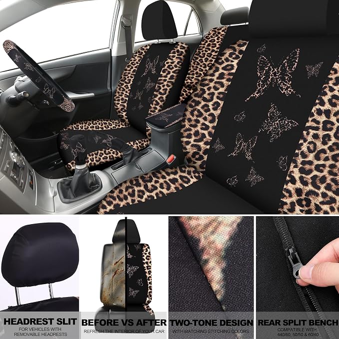 BBTO 47 Pcs Car Seat Full Set Car Accessories for Women 5 Front Rear Seat Covers Wrist Strap 2 Pieces Cup Mat Armrest Pad 2 Belt Cover Accessories for SUV(Leopard Print)