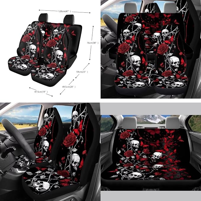 Skull Rose Pattern 10 Pcs Car Seat Covers Full Set Breathable Auto Seat Protector + Steering Wheel Cover + Air Vent Storage Bag + Trash Can + Coaster + Keychain