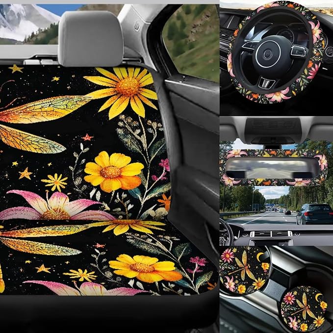 Dragonfly Car Seat Covers Full Sets 17 Pack for Women,Starry Sky Dragonfly Car Interior Accessories with Vehicle Trash Bag Starry Sky Auto Seat Head Rest Protector for Front Seat Rest Decor