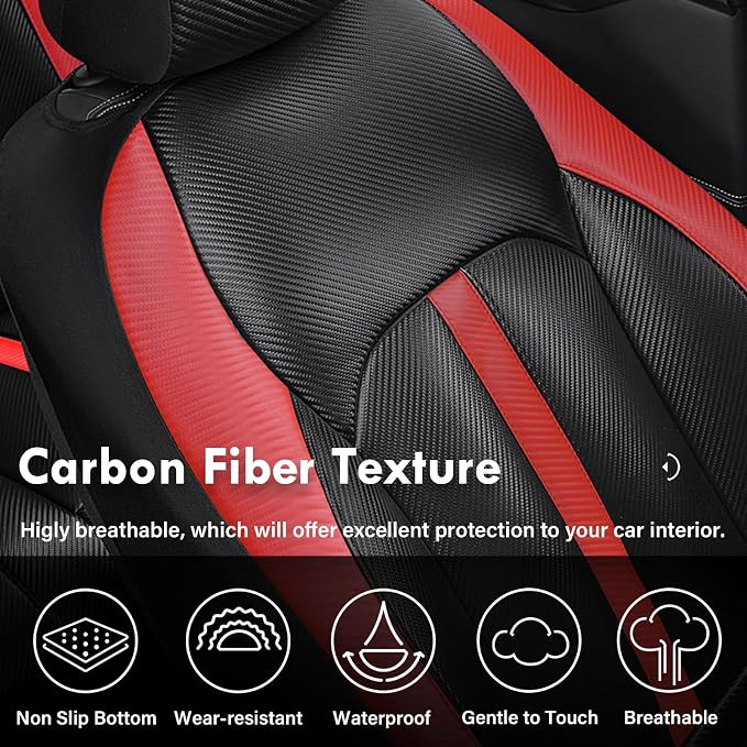 Coverado Leather Car Seat Covers Front Seats & Carbon Fiber, Waterproof and Durable All Weather Protector, Universal Fit for SUV, Pickup Truck, Sedan, Automotive Vehicle Interior, Black&Red