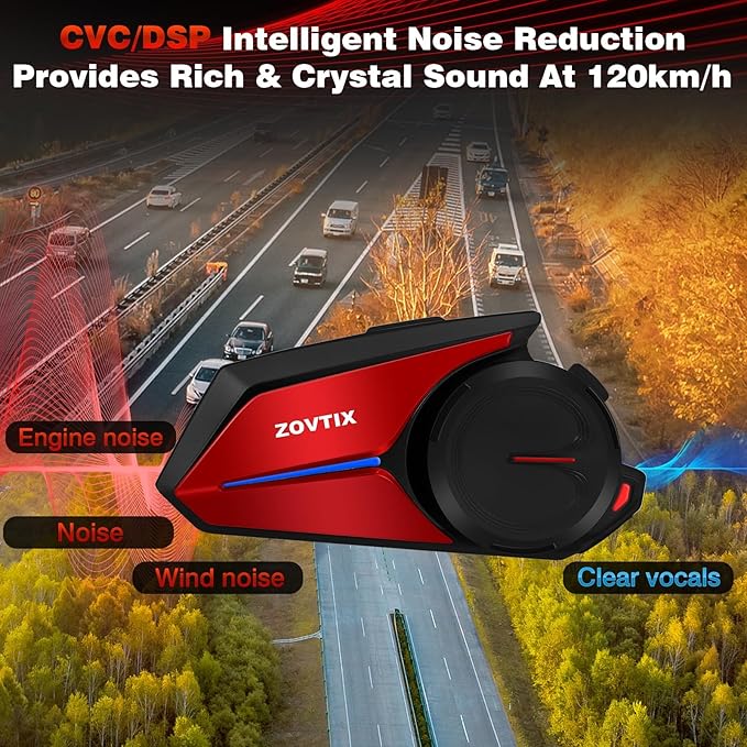 Motorcycle Helmet Headset 8 Riders Communication System X8 Intercom with Music Sharing/HiFi Sound/3 EQ Music Modes/DSP&CVC Noise Cancellation/IP67/FM Radio - X8-Red 1 Pack