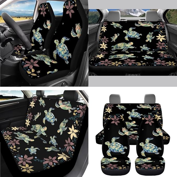 AFPANQZ Sea Turtle and Floral Car Seat Covers with Seat Belt Shoulder Pads Cup Holder Steering Wheel Cover Gear Shift Knob Cover Handbrake Protector Full Set of 11 Car Interior Decor