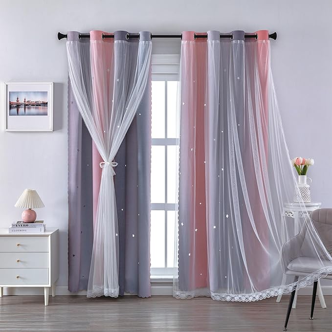 XiDi Girls Curtains for Bedroom 96 Inches Long 2 Panels Pink and Grey Ombre Rainbow Blackout Grommet Curtains for Little Girl Kids Room Decor Living Room, Princess Unicorn Wall Decals Drapes 52x96