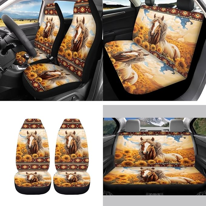 Aztec Horse Sunflower Car Seat Covers Split Seat Cover 11Pcs Horse Car Accessory Interior Full Set with 15Inch Neoprene Steering Wheel Cover Seatbelt Pads Lanyard Keychain Seatbelt Pads