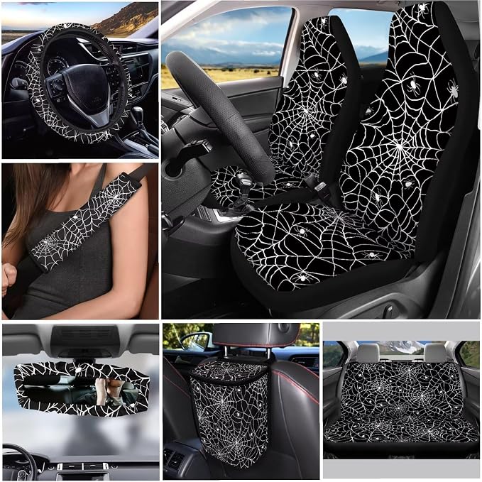 Spider Web 12 Pieces Car Seat Covers Set Easy to Install Car Steering Wheel Cover Car Seat Belt Cover Car Trash Can Removable Automotive Accessories Protector Comfortable