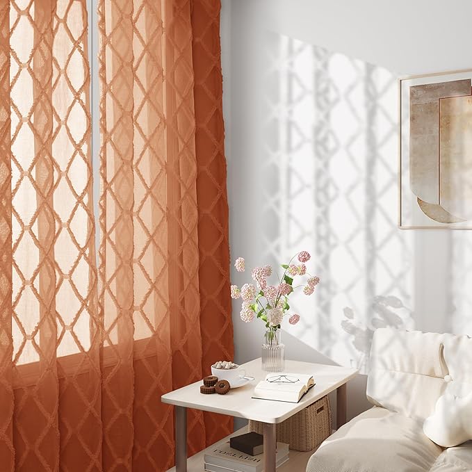 Hokibero Extra Long 120 Inch Rust Curtains for Bedroom Living Room Back Tab Light Filtering Sheer Curtains Geometric Embroidered Tuft Pom Window Treatment for Dining Room 10ft Fall Boho Decor