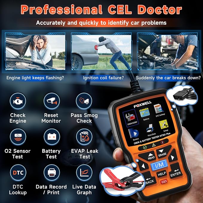 FOXWELL NT301 Plus 2 IN1 OBD2 Scanner Battery Tester with Storage Case Code Reader Scan Tool