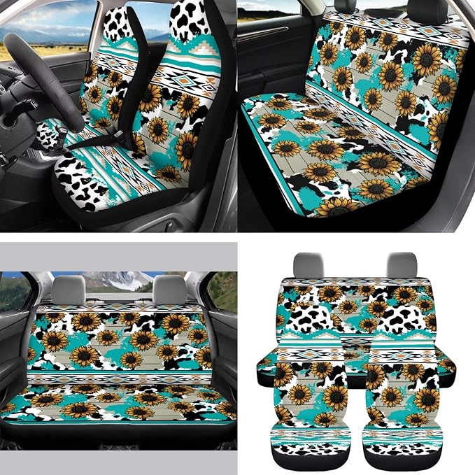 Blue Cow Pattern Sunflower Car Seat Covers Set with Seat Belt Cover, Trash Can & More - 15 Pack