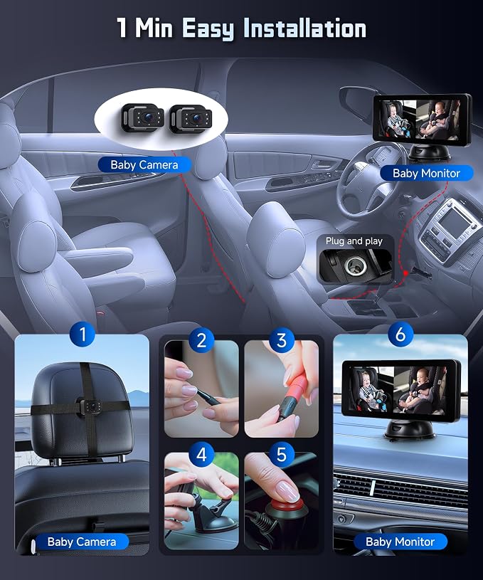 Rear Seat Baby Car Camera for Backseat HD-Rear-Facing CarBaby Monitor Night Vision, Adjustable View Angle, Easy Setup,360°Rotatable Camera, Safety for Kids 6.86“ IPS car Baby Monitor Split Screen