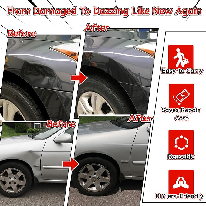 Dent Puller Kit for Car Dent Repair with Dent Reflect Line Board, Lightweight Dent Lifter, Rubber Hammer & Trim Removal Tools Set, Paintless Dent Removal for Auto Body Hail Damge Door Dings