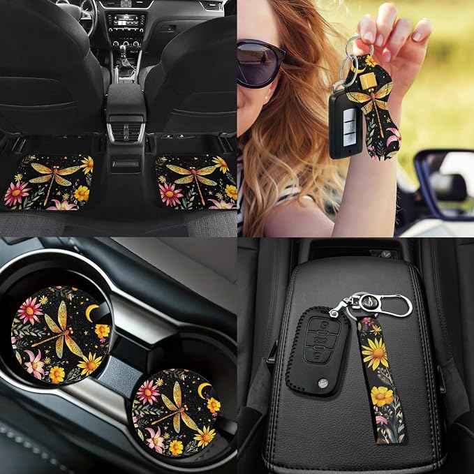 17 Pack Dragonfly Car Accessories Full Set,Star Moon Dragonfly Car Seat Covers Set with Car Mats Full Set Seat Belt Cover Pad Steering Wheel Cover Cup Coaster Sets Universal Auto Interior