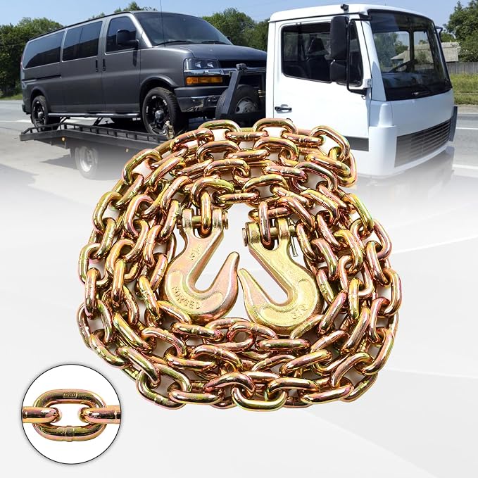 Heavy Duty G80 Transport Binder Chain 1/2'' Inch x 10 Feet,Tow Chain with G70 Clevis Grab Hooks,12000 lbs Safe Working Load Logging for Transporting, Towing(1/2'' x 10FT Yellow).