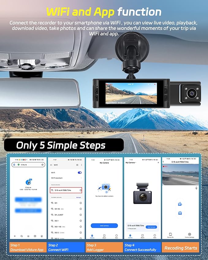 3 Channel Mirror Dash Cam 1080P Front and Rear Inside with 64GB Card 3.16'' IPS Screen Dash Camera Support G-Sensor Motion Detection Loop Recording Parking Assistance Exposure Compensation