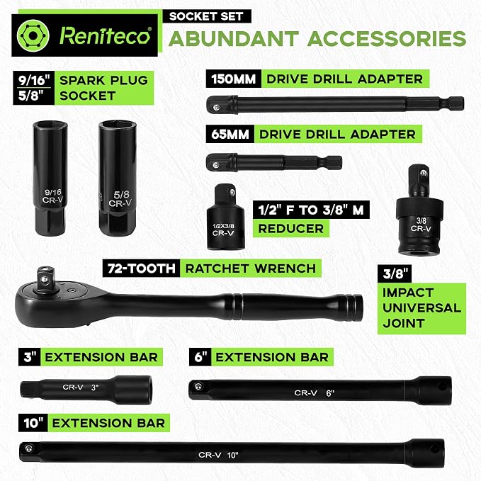 Reniteco 56-Piece 3/8" Drive Socket Set, SAE (5/16"-3/4") & Metric (8mm-22mm), Deep & Shallow, Ratchet Handle, Extension Bars, Adapter, Universal Joint, Power Drill Adapters, Spark Plug Sockets, CR-V