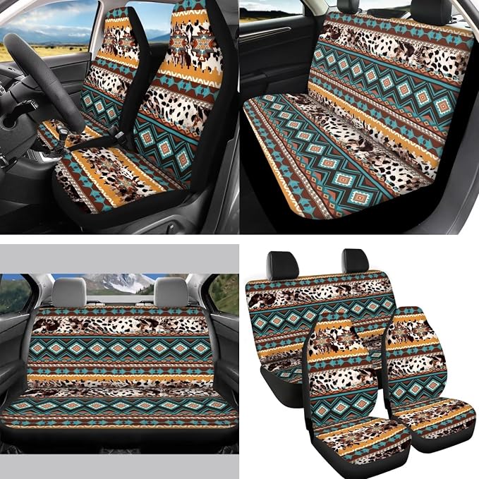 Sunflower Highland Cow Car Seat Covers Sets 14pcs,Sunflower Western Cow Auto Seat Protector Pad+Seatbelt+Steering Wheel+Car Coasters+ Interior Mirror Accessory+Cow Keychain for Women Men