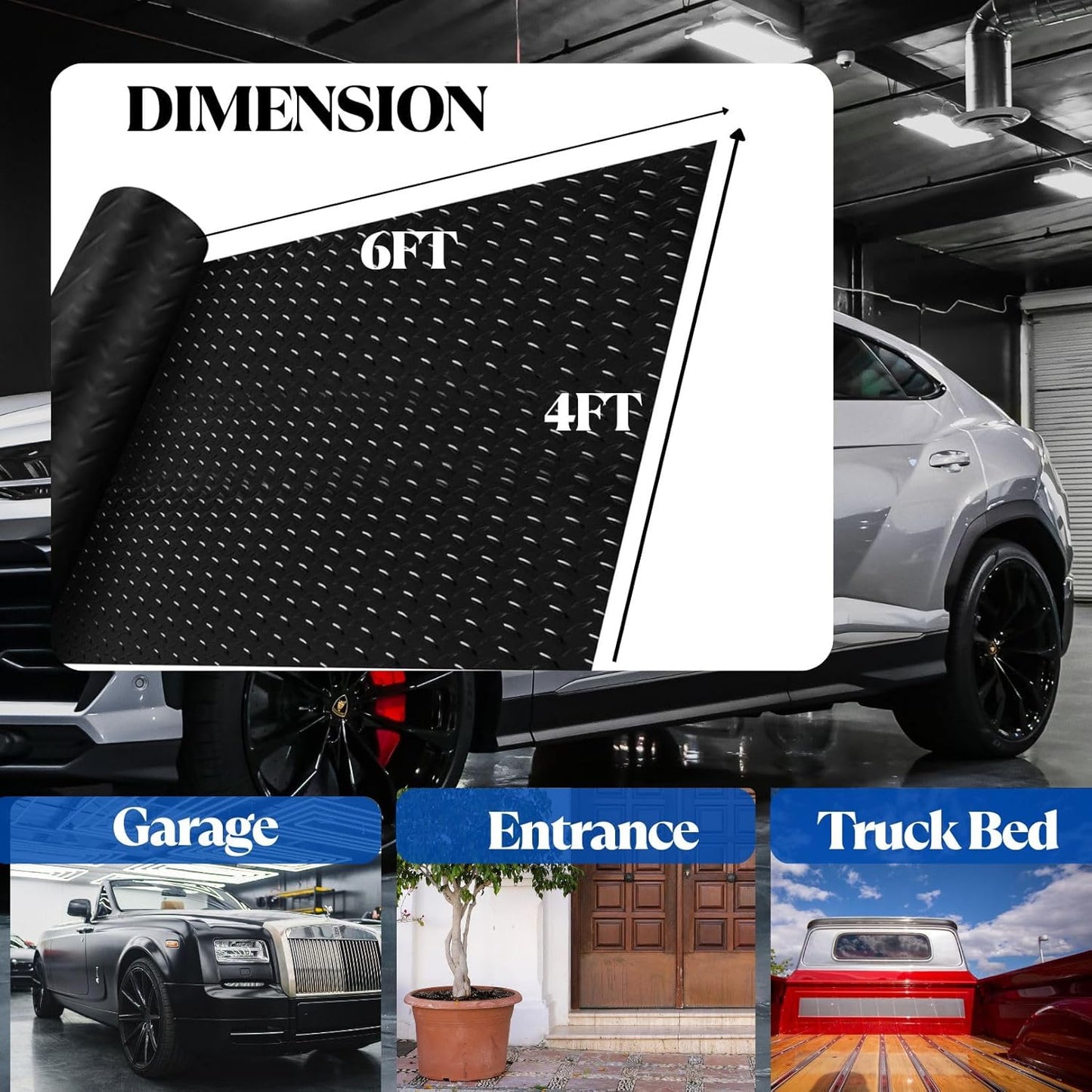 BESEA 4 x 6 FT Garage Floor Mat, Heavy Duty Diamond Plate Rubber Parking Mat – Waterproof, Oil-Resistant, Anti-Slip Flooring Roll for Under Car, Home Garage or Workshop,1/8" Thick