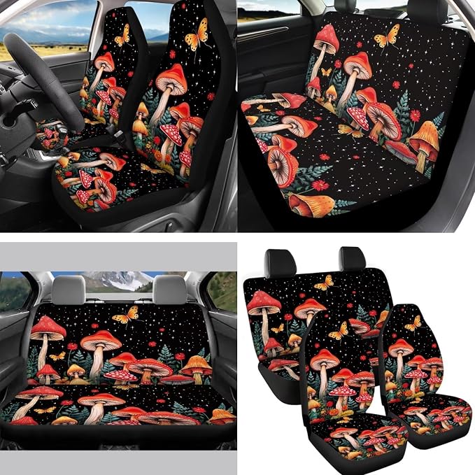 Universal Fit Mushroom Seat Covers for Car,Butterfly Flowers Wild Mushroom Car Coaster/15Inch Steering Wheel Cover/Seatbelt Pads/Keychain/Mirror Cover/Gear Shift Knob Handbreak Pads Accessory