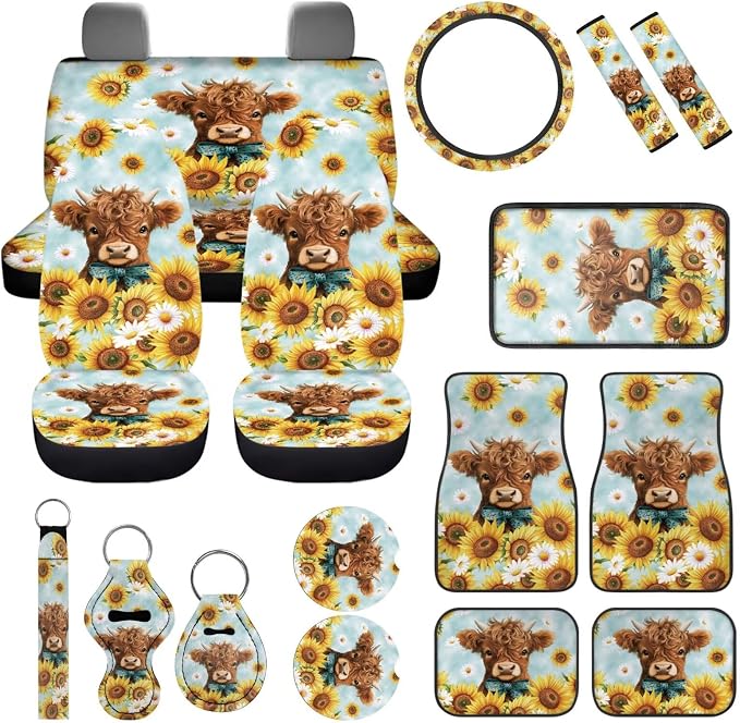 Highland Cow Car Seat Covers Full Sets 17 Pack Sunflower Car Accessories Set with Auto Front Rear Foot Carpet,Sunflower Seat Belt Shoulder Pad,Steering Wheel Covers,Cup Mats,Universal Fit