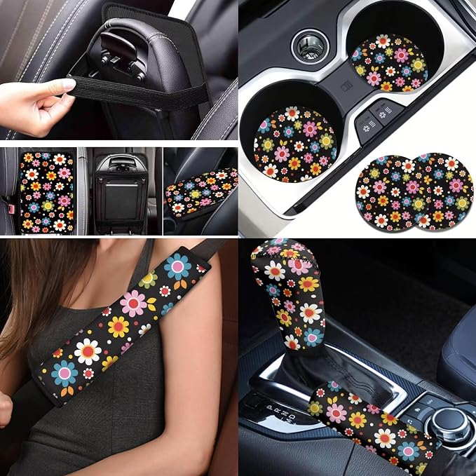 BIGCARJOB Stylish Daisy Print Car Interior Accessories Full Set 12 Pcs Auto Seat Cover for Front Rear Vintage Daisy Print Seat Belt Cover,Armrest Seat Box Cover Cushion,Cup Mats
