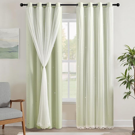 XiDi Sage Green Blackout Curtains for Kids Bedroom 96 Inches Long 2 Panels Thermal Insulated Energy Saving Living Room Window Treatment Curtains Star Blackout Drapes Nursery Kids, W34xL96 Inch, Sage