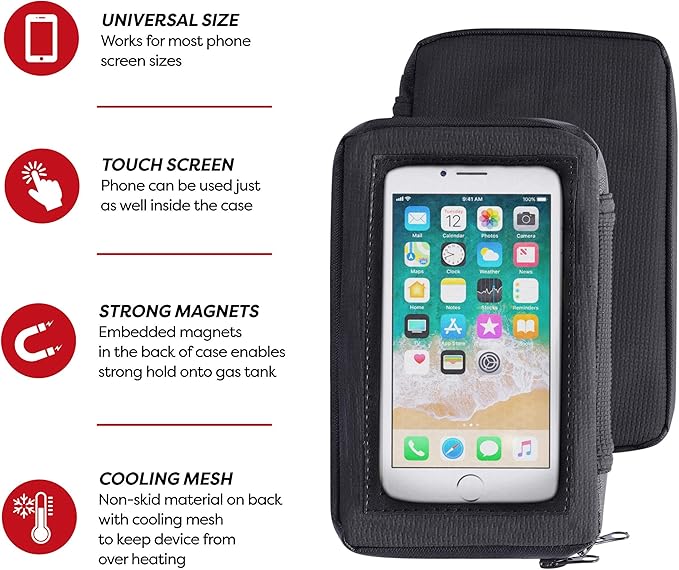 The Nekid Cow Waterproof Motorcycle Cell Phone Case Holder | Magnetic Cell Phone Pouch with Large Zipper Pocket | Accessible Touch Screen