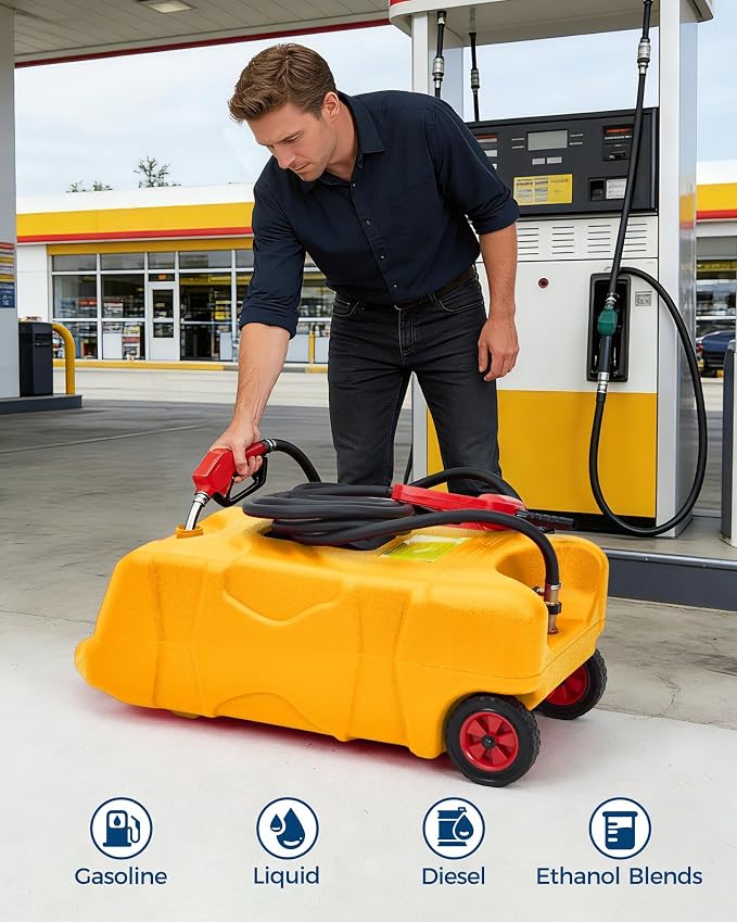 Garvee 16 Gallon Gas Can, Fuel Tank Container with LE Fluid Transfer Manual 10 FT Siphon Pump, Portable Diesel Gas Storage Caddy w/Wheels for Car, ATV, Weeder, Boat, Tractor,Snow Blower,Generator