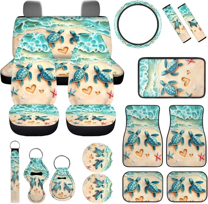 Sea Turtle Car Cover Seat Full Sets of 17 Pcs Green Sea Turtle Car Accessories Set with Steering Wherl Cover Seat Belt Cover Pad Car Mats Full Set Animal Vehicle Seat Covers Accessories