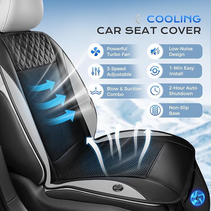 Coverado Cooling Car Seat Cover, Ventilated Seat Cushion with 3-Speed Adjustable Airflow, Gray Breathable Universal Seat Pad for Car SUV Truck Van