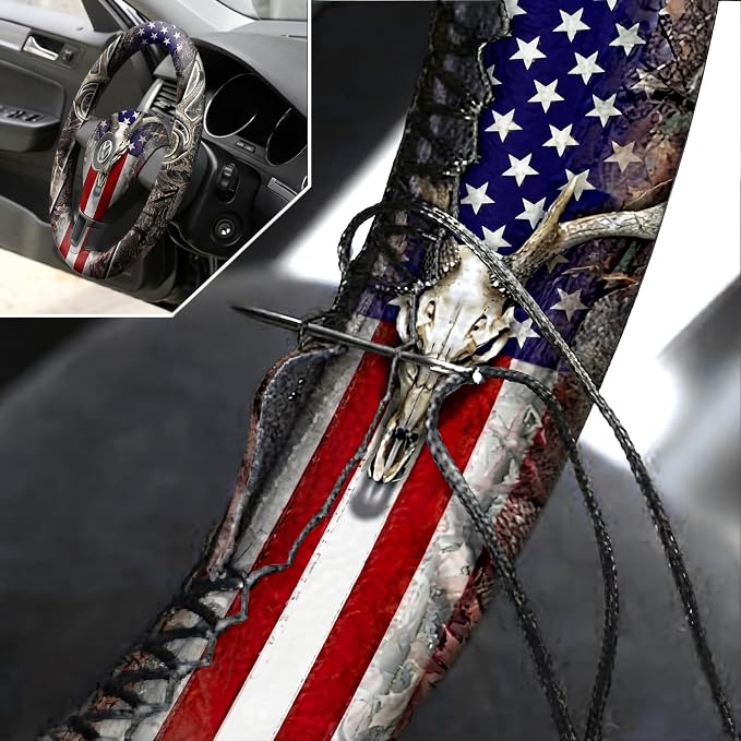American Flag 25 PCS Patriotic Seat Covers - Skull Camo Car Accessories - 4th of July Steering Wheel Cover, Tire Valve Stem Caps, Cup Holder, Armrest Pad, Seatbelt Pads, Wrist Strap