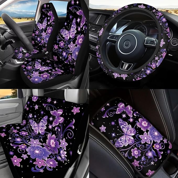 Purple Butterfly Car Seat Cover Full Sets Butterflies Flower Car Accessories 17 Pieces with Car Headrest Cover,Seatbelt Covers,Auto Seat Head Rest Protector for Auto Front Seat Rest Decor
