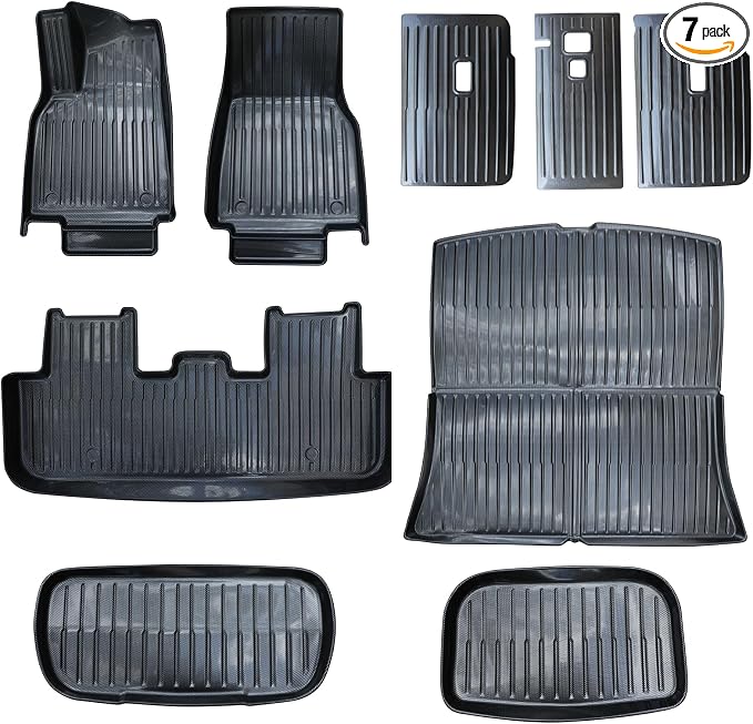 for Tesla Model Y Juniper Carbon Fiber Look Floor Mats 2025 for 7piece Set of TPE Material backrest Pads, Front Compartment Pads and Rear Compartment Pads Model Y Juniper 2025 (Not Fit 7-Seat)