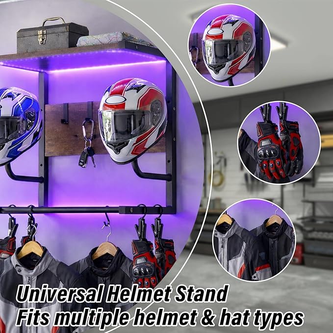 Motorcycle Helmet Rack Wall Mount with Light, Black & Steel Motorcycle Helmet Rack with RGB Light, Waterproof Heavy Duty Helmet Display Shelf for Jackets, Gear & Motorcycle Accessories Storage