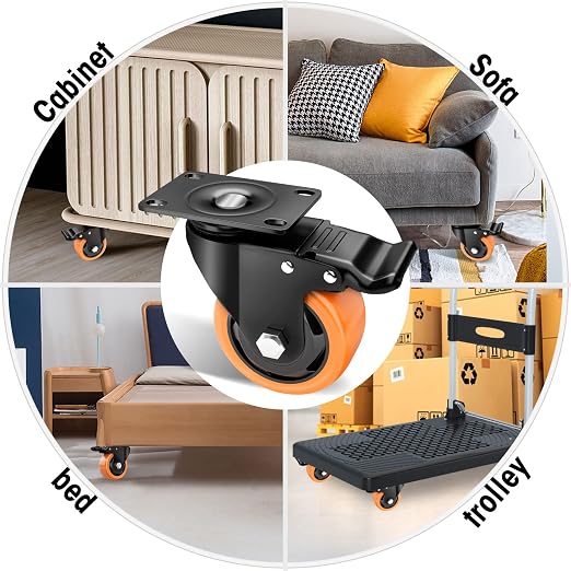 4" Swivel Plate Casters, 1200Lbs Capacity with Brake | Orange, 4-Pack, PU Wheels, Double Ball Bearings, Quiet & Non-Marking, for Workbenches & Carts