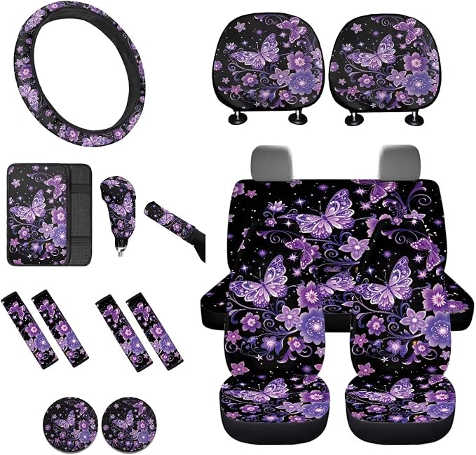 Lotusorchid Butterfly Floral Print Car Accessories Full Set, Washable Car Front Back Seat Covers and Gear Shift Knob Cover, Anti-Dust Steering Wheel Cover and Auto Seat Covers