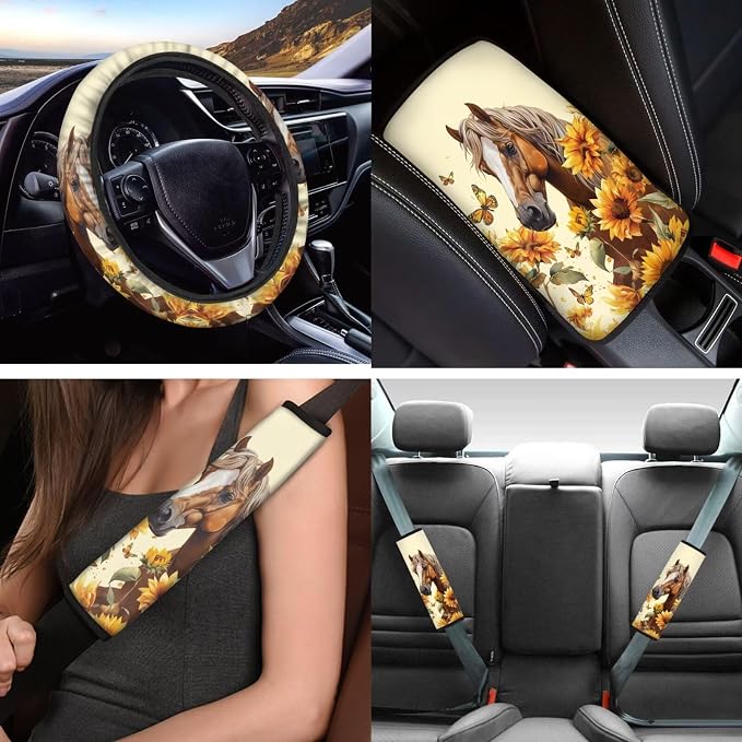 12pcs Auto Interior Set - Sunflower Butterfly Horse Car Seat Cover, Coaster, Sunflower Keychain, 15 Inch Steering Wheel Cover, Seatbelt Pad for Men Women Car Decor Accessory