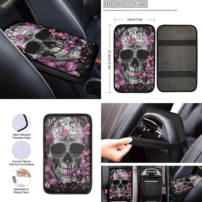Howilath Purple Flower Skull Auto Front Seats Protector with Center Console Cover+Steering Wheel Cover+Seatbelt Pads+Keychain+Coasters Car Accessories Set of 10