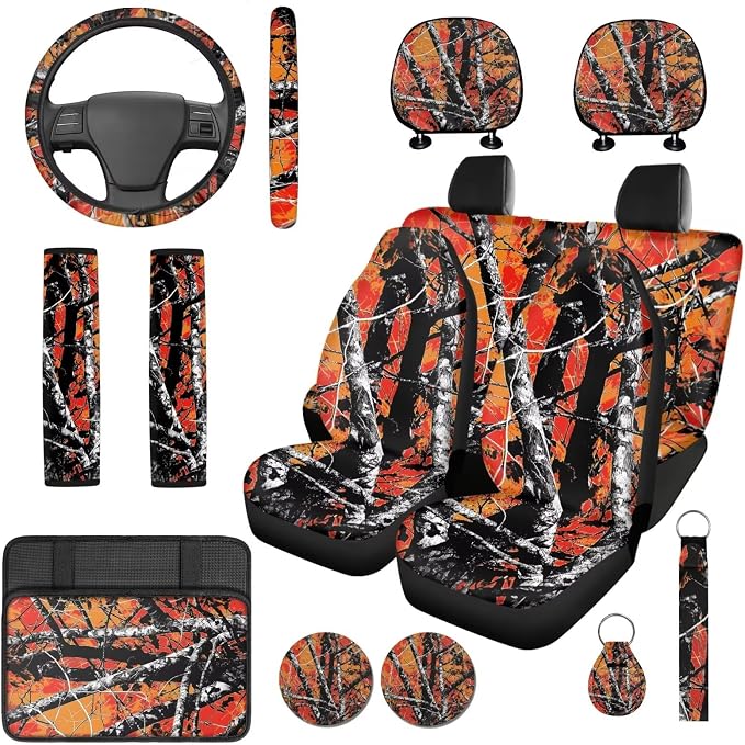 Bulopur Orange Hunting Camo Automotive Seat Covers Front and Backseat with Matching Steering Wheel Cover Auto Center Console Cover Car Seatbelt Pads Headrest Covers 14 Piece Vehicle Interior Set