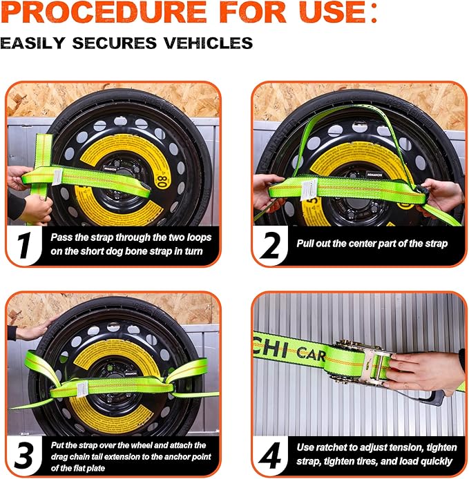 8 Point Roll Back Vehicle Tie Down Kit,with Heavy-Duty Chain Extension on Both Ends,2" x 16',and Ratchet Handle - Tow Strap Kit for Vehicles and Cars Tie Down Straps Tow System