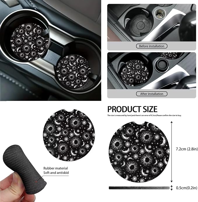 Celestial Sun Moon Stars Print Car Seat Covers 15Pcs Full Set Car Steering Wheel Cover Seat Belt Cover Trash Bin Air Vent Storage Box Rear View Mirror Car Cup Holder Keychain